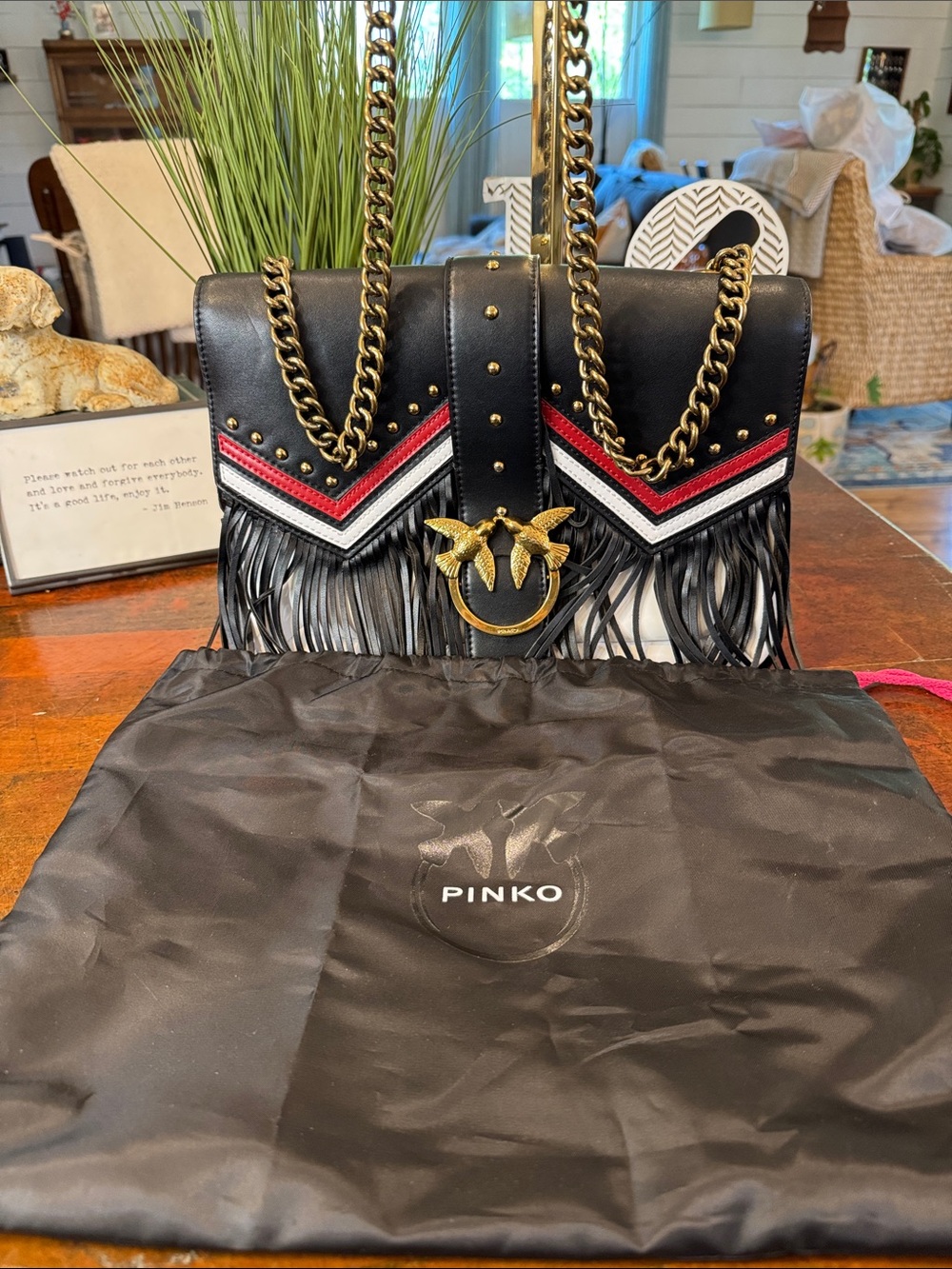 Pinko Black Fringe Shoulder Bag with Gold Chain and Red & White Chevron